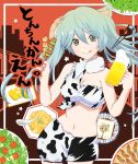  1girl :q alcohol alternate_costume aqua_hair asymmetrical_clothes beer breasts cleavage cow_print food grey_eyes hatsune_miku long_hair looking_at_viewer midriff navel solo tongue tongue_out twintails vocaloid 