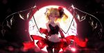  1girl bai_yemeng bat_wings blonde_hair bow card fang finger_to_mouth flandre_scarlet full_moon glowing highres jewelry midriff moon naughty_face navel red_eyes revision short_hair side_ponytail sky smile solo star_(sky) starry_sky thigh-highs touhou wings 