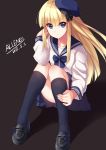  1girl 2015 absurdres allenes artist_name black_legwear black_shoes blonde_hair blue_eyes blue_skirt dated full_body grey_background hair_tussle hat highres knees_together_feet_apart loafers long_hair long_sleeves looking_at_viewer original panties pleated_skirt school_uniform serafuku shadow shoes signature simple_background sitting skirt smile solo thigh-highs underwear 