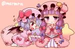  2girls :&gt; :d bat_wings blue_hair book bow dress fang hat hat_bow long_hair marshmallow_mille multiple_girls open_mouth pajamas patchouli_knowledge pink_dress purple_hair red_bow remilia_scarlet short_hair smile striped striped_pajamas touhou twitter_username violet_eyes wings 