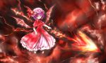  1girl :o acryl bat_wings dress hat hat_ribbon highres layered_dress levitation lightning looking_at_viewer mob_cap puffy_short_sleeves puffy_sleeves purple_hair red_background red_dress red_eyes remilia_scarlet ribbon short_hair short_sleeves solo spear_the_gungnir touhou wings 