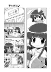  4koma :&gt; closed_eyes colonel_aki comic hair_between_eyes hat houraisan_kaguya inaba_tewi kamishirasawa_keine kotatsu long_hair long_sleeves monochrome multiple_girls nightcap open_mouth patchouli_knowledge table tagme touhou wide_sleeves 