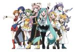  3boys 5girls alternate_costume aqua_eyes armpits blonde_hair blue_eyes blue_hair brown_hair detached_sleeves exit_tunes fan goggles green_eyes green_hair gumi hair_ornament hair_ribbon hairclip hatsune_miku kagamine_len kagamine_rin kaito kamui_gakupo kanzaki_hiro long_hair megurine_luka meiko multiple_boys multiple_girls necktie pink_hair purple_hair ribbon short_hair shorts skirt thigh-highs transparent_background twintails very_long_hair violet_eyes vocaloid zettai_ryouiki 