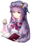  1girl blue_bow blue_ribbon book bow bun_cover crescent crescent_hair_ornament double_bun fire hair_ornament hair_ribbon hat hat_ribbon highres holding long_hair looking_at_viewer mob_cap monobe_tsukuri open_mouth pajamas patchouli_knowledge purple_fire purple_hair red_bow red_ribbon ribbon simple_background solo touhou upper_body violet_eyes white_background 