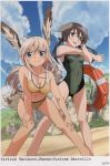  2girls :d ahoge animal_ears artist_request beach bikini bird_tail black_ribbon blonde_hair blue_eyes blush brown_eyes brown_hair character_name collarbone dog_ears dog_tail gertrud_barkhorn hair_ribbon hanna-justina_marseille head_wings highres lifebuoy long_hair multiple_girls navel one-piece_swimsuit open_mouth ribbon scan scan_artifacts smile strike_witches swimsuit tail twintails 