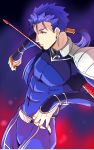  1boy blue_hair fate/stay_night fate_(series) gae_bolg highres lancer long_hair polearm ponytail red_eyes shimo_(s_kaminaka) solo spear weapon 