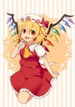  1girl ascot blonde_hair doily fang finger_to_mouth flandre_scarlet folded_leg hat hat_ribbon hitokoto_eikaiwa looking_at_viewer mob_cap open_mouth red_eyes ribbon short_hair short_sleeves side_ponytail skirt skirt_set solo striped striped_background touhou wings 
