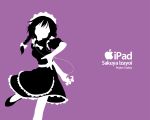  1girl apple_inc. breast_padding digital_media_player hair_ribbon ipod ipod_ad izayoi_sakuya kusaba_(kusabashiki) maid monochrome pantyhose parody pun purple_background revision ribbon solo touhou wallpaper 