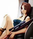 1girl bare_shoulders blue_eyes bob_cut breasts brown_hair cleavage esther gun jill_valentine large_breasts leg_up looking_at_viewer resident_evil resident_evil_3 rifle scope short_hair sitting sniper_rifle solo strapless weapon 