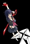  1girl arm_behind_head arm_up black_baron blue_hair collarbone danny1128 emblem fingerless_gloves from_above gloves green_eyes holding_sword kill_la_kill legs matoi_ryuuko multicolored_hair red_gloves school_emblem scissor_blade senketsu shoes single_glove skirt sneakers solo_focus stretch suspenders sword two-tone_background two-tone_hair weapon 