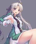  1girl ahoge akitsushima_(kantai_collection) armpits blush commentary gloves kantai_collection long_hair looking_at_viewer military military_uniform open_mouth oukawa_yuu side_ponytail silver_hair solo sweatdrop uniform violet_eyes 