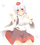  1girl animal_ears bare_shoulders blush breasts detached_sleeves hat highres impossible_clothes inubashiri_momiji large_breasts light_smile looking_at_viewer midriff pom_pom_(clothes) red_eyes short_hair silver_hair simple_background skirt solo tail tokin_hat touhou white_background wolf_ears wolf_tail 