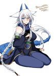  1girl alternate_costume animal_ears bare_shoulders blue_eyes blush breasts bridal_gauntlets dragon_horns dragon_tail flying_sweatdrops fox_ears heterochromia horns konshin large_breasts long_hair looking_at_viewer open_mouth orange_eyes orie_hakua pixiv_fantasia pixiv_fantasia_new_world silver_hair sitting smile tail very_long_hair white_background 