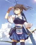  1girl bow_(weapon) brown_eyes brown_hair clouds highres japanese_clothes kaga_(kantai_collection) kantai_collection muneate side_ponytail skirt sky stflash thigh-highs water weapon zettai_ryouiki 