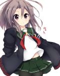  1girl amano_kouki black_legwear brown_hair crescent crescent_moon green_skirt highres kantai_collection long_sleeves moon mutsuki_(kantai_collection) mutsuki_(kantai_collection)_(cosplay) navel neckerchief pantyhose pleated_skirt school_uniform serafuku short_hair skirt sleeves_past_wrists smile solo zuihou_(kantai_collection) 