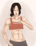  1girl abs absurdres brown_hair freckles highres looking_at_viewer midriff muscle navel shingeki_no_kyojin shorts solo tres-iques yellow_eyes ymir_(shingeki_no_kyojin) 
