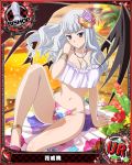 1girl artist_request bishop_(chess) blue_background bracelet card_(medium) character_name chess_piece demon_wings flower grey_eyes grey_hair hair_flower hair_ornament hanakai_momo high_school_dxd jewelry long_hair necklace official_art silver_hair swimsuit trading_cards wavy_hair wings 