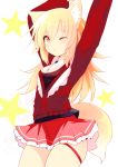  1girl akane_(naomi) animal_ears blonde_hair fox_ears fox_tail long_hair naomi_(sekai_no_hate_no_kissaten) one_eye_closed original red_eyes solo stretch tail 