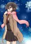  1girl asada_shino black_hair brown_eyes coat minato_(marumira) no_glasses scarf short_hair snowflakes standing sword_art_online 