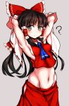  1girl ? armpits arms_behind_head arms_up ascot black_hair bow breasts detached_sleeves grey_eyes hair_bow hair_tubes hakurei_reimu hip_vent long_hair marker_(medium) midriff navel no_bra pose shirt sideboob skirt skirt_set solo touhou traditional_media uneven_eyes very_long_hair zibun_owl 