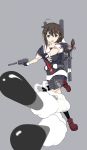  1girl ahoge black_legwear blue_eyes braid brown_hair cannons danny1128 fingerless_gloves firing_at_viewer foreshortening gloves grey_background hair_ornament highres kantai_collection loafers mecha_musume necktie outstretched_arm red_ribbon ribbon school_uniform serafuku shigure_(kantai_collection) shoes simple_background smoke_trail socks solo spread_fingers torpedo 