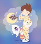  1boy :3 amano_keita blush brown_hair cameo cat character_pillow chuno closed_eyes crescent_moon drooling english ghost highres jibanyan koma-san moon multiple_tails open_mouth pajamas pillow purple_lips saliva short_hair slippers standing star tail two_tails whisper_(youkai_watch) youkai youkai_watch 