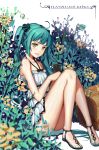  1girl aqua_hair bare_arms bare_legs bare_shoulders cellphone dress hatsune_miku long_hair phone sandals sitting sleeveless sleeveless_dress solo soulkiller twintails very_long_hair vocaloid white_dress yellow_eyes 