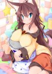  1girl animal_ears blue_eyes blush breasts brooch brown_hair collarbone highres imaizumi_kagerou jewelry koha large_breasts long_hair long_sleeves looking_at_viewer pillow pillow_hug shirt sitting skirt soda_can solo star tail touhou very_long_hair wariza werewolf wide_sleeves wolf_ears wolf_tail 