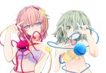  2girls bare_shoulders bikini_top blush eyeball green_eyes green_hair hairband heart heart-shaped_pupils heart_of_string ishikkoro komeiji_koishi komeiji_satori looking_at_viewer midriff multiple_girls navel no_hat one_eye_closed pink_hair pointy_ears short_hair siblings simple_background sisters smile string symbol-shaped_pupils third_eye touhou upper_body violet_eyes white_background 