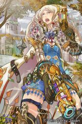  1girl belt black_gloves company_name dual_wielding fantasy gloves gun handgun official_art open_mouth outdoors shigureteki sky solo soukoku_no_regalia tree watermark weapon 