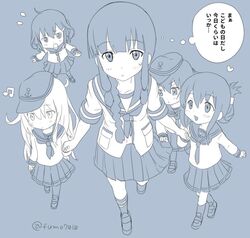  5girls akatsuki_(kantai_collection) anchor_symbol artist_name bangs blunt_bangs braid flat_cap flying_sweatdrops folded_ponytail hair_between_eyes hair_ornament hairclip hat hibiki_(kantai_collection) hime_cut holding_hands ikazuchi_(kantai_collection) inazuma_(kantai_collection) kantai_collection kitakami_(kantai_collection) kujirana long_hair looking_at_another looking_at_viewer messy_hair multiple_girls musical_note open_mouth pantyhose payot pleated_skirt ribbon school_uniform serafuku short_hair simple_background skirt smile socks sweatdrop translated twitter_username 