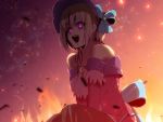  1girl bare_shoulders blonde_hair bonnet bow crazy_eyes dress elbow_gloves fire gloves hair_bow hoshino_kaoru open_mouth original short_hair sitting solo strapless_dress violet_eyes 