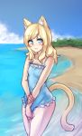  1girl animal_ears beach blonde_hair blue_eyes blue_swimsuit cat_ears cat_tail frilled_swimsuit frills monorus ocean one-piece_swimsuit original solo swimsuit tail 