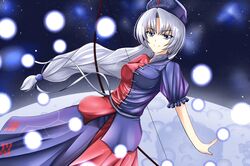  1girl blue_skirt bow_(weapon) breasts constellation cross danmaku grey_eyes hair_bobbles hair_ornament hair_ribbon hat long_hair looking_at_viewer moon multicolored_skirt nurse_cap puffy_short_sleeves puffy_sleeves red_skirt ribbon short_sleeves silver_hair skirt smile solo space touhou trigram very_long_hair weapon yagokoro_eirin yuegatobu 