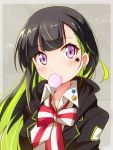  1girl black_hair bow bubble_blowing bubblegum earrings green_hair jewelry long_hair multicolored_hair original solo star streaked_hair two-tone_hair umino_mokuzu_(shizumisou) violet_eyes 