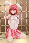  1girl animal_ears bare_shoulders blood bound_wrists chain collar cuffs highres kneeling looking_at_viewer manacles midriff minagiku navel on_floor open_mouth original plaid plaid_skirt rabbit_ears red_eyes redhead skirt solo 