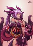  1girl 2015 blush breasts claws collar cowboy_shot dated demon_girl demon_horns demon_tail demon_wings detached_collar extra_mouth horns jabberwock_(monster_girl_encyclopedia) long_hair lutherniel monster_girl monster_girl_encyclopedia navel one_eye_closed pelvic_curtain purple_hair red_eyes saliva slit_pupils solo suggestive_fluid tail tongue tongue_out wings 