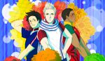  3boys axis_powers_hetalia black_hair blonde_hair blush brown_eyes cameroon_(hetalia) dark_skin dutch english flower green_eyes male_focus multiple_boys netherlands_(hetalia) open_mouth pom_poms scarf short_hair smile sweat thai thailand_(hetalia) 