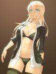  1girl and black_bra black_legwear black_panties blonde_hair bra breasts collarbone cowboy_shot gradient gradient_background green_eyes hair_between_eyes long_hair navel no_pants open_clothes open_shirt panties shirt simple_background solo thigh-highs underwear 