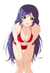 1girl bending_forward bikini breast_squeeze breasts cleavage frolaytia green_eyes hands_on_thighs highres long_hair looking_at_viewer love_live!_school_idol_project mound_of_venus navel open_mouth purple_hair solo swimsuit toujou_nozomi twintails 