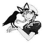  1girl bangs bird crow dress ears faceless fingernails frilled_dress frills hand_up hat hat_ribbon highres mob_cap monochrome ribbon shinmera short_sleeves simple_background smile solo touhou upper_body white_background yakumo_yukari 