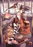  1girl ange_vierge bakatesu59 candle candy candy_cane clipboard coffin flower lantern looking_at_viewer nightcap original robe scythe short_hair silver_hair stepped_on striped striped_legwear stuffed_animal stuffed_toy teddy_bear thigh-highs violet_eyes 