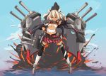  1girl black_gloves black_legwear blonde_hair budget_sarashi dark_skin detached_sleeves elisha_(erisya888) explosion fingerless_gloves flat_chest glasses gloves headgear jacket kantai_collection looking_at_viewer machinery musashi_(kantai_collection) open_clothes open_jacket pleated_skirt red_eyes red_skirt sarashi skirt smile solo thigh-highs twintails younger 