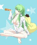  1girl blue_background bottomless breasts c.c. cheese-kun cheese_trail cleavage code_geass collarbone danny1128 dress_shirt eating fedora food green_hair hat holding_food indian_style knees legs long_hair open_clothes open_shirt payot pizza shirt simple_background sitting solo star starry_background toes very_long_hair yellow_eyes 