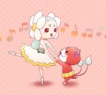  1girl aqua_hair bare_shoulders beamed_quavers blush_stickers cat choker chuno crotchet dancing dress fangs holding_hands jibanyan multiple_tails musical_note netaballerina notched_ear open_mouth pink_background polka_dot polka_dot_background quaver tail two_tails youkai youkai_watch 