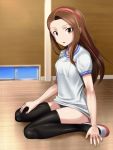  1girl brown_eyes brown_hair gym_uniform hairband idolmaster long_hair minase_iori muhi11234 solo thigh-highs 