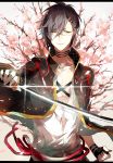  1boy akashi_kuniyuki black_hair cherry_blossoms fingerless_gloves glasses gloves hair_ornament hairclip katana male_focus sword touken_ranbu weapon wrt_(arpaca) yellow_eyes 