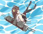  1girl ahoge black_legwear black_skirt blue_eyes boots cannons danny1128 detached_sleeves frilled_skirt frills from_above hair_bun in_water kantai_collection kongou_(kantai_collection) lace-trimmed_sleeves long_hair looking_at_viewer open_mouth sitting skirt solo thigh-highs thigh_boots very_long_hair zettai_ryouiki 