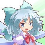  1girl blue_eyes blue_hair cirno gradient gradient_background hair_ribbon looking_at_viewer lowres open_mouth outline puffy_short_sleeves puffy_sleeves ribbon ryogo short_hair short_sleeves solo touhou upper_body wings 