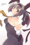  1girl akizuki_(kantai_collection) animal_ears black_hair blush breasts brown_eyes bunny_tail bunnysuit cleavage detached_collar gloves hair_ribbon kantai_collection long_hair looking_at_viewer necktie pantyhose ponytail rabbit_ears ribbon smile solo tail yumi_yumi 